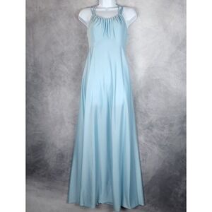 Vintage Satin Maxi Dress Womens 8 Blue Halter Strappy Romantic Whimsy Fairy 70s